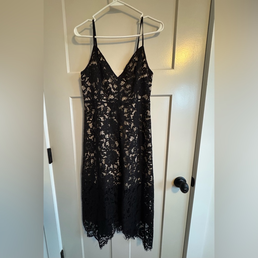 Lulu's Black Lace Slip Dress with Nude Underlay